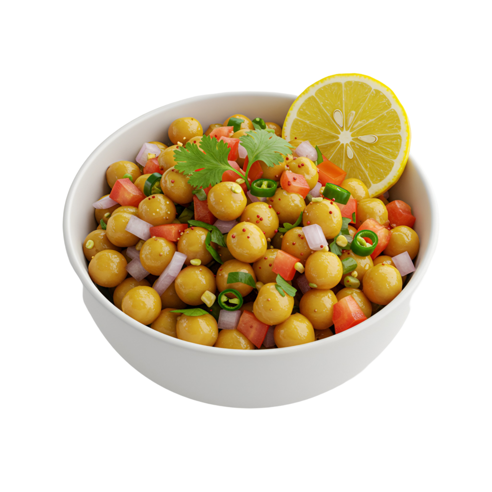A bowl of chana masala with lemon slice and chopped vegetables on a plain color isolation transparent background png