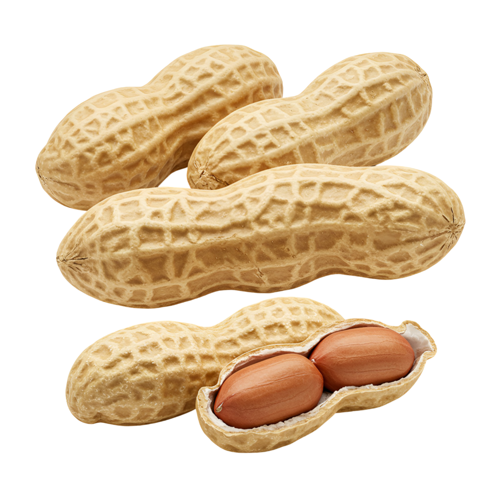 A close up view of several peanuts with one peanut shell broken open revealing the nuts inside transparent background png
