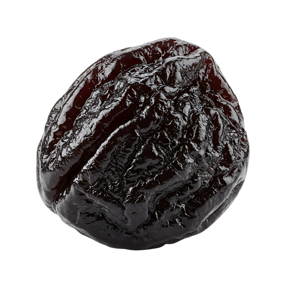 Close up view of a single wrinkled prune showcasing its texture and vibrant color on a plain setting transparent background png