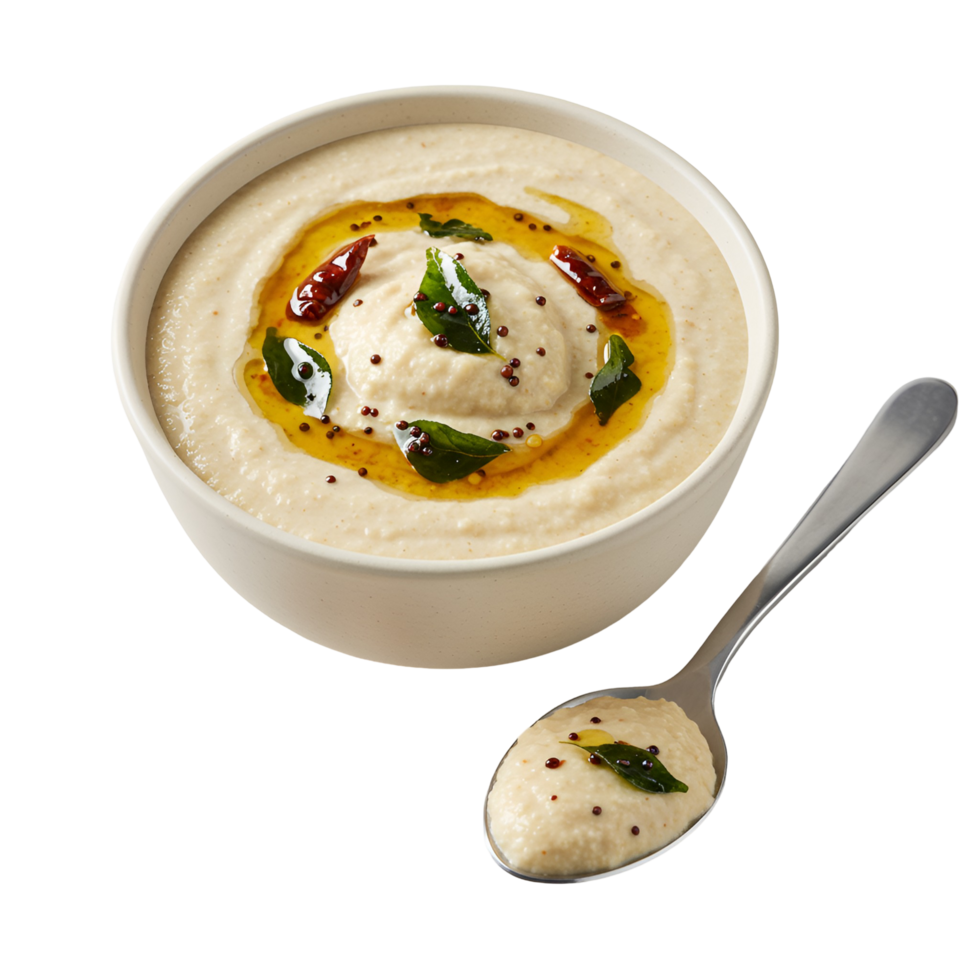 A bowl of white chutney garnished with spices and herbs served with a spoon on a plain surface transparent background png