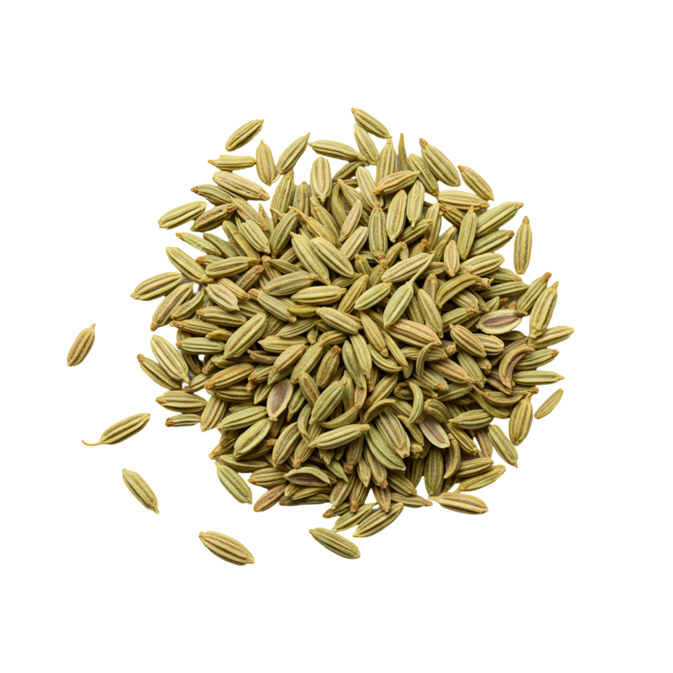 A pile of fennel seeds arranged centrally on a plane surface in a studio setting overhead view transparent background png