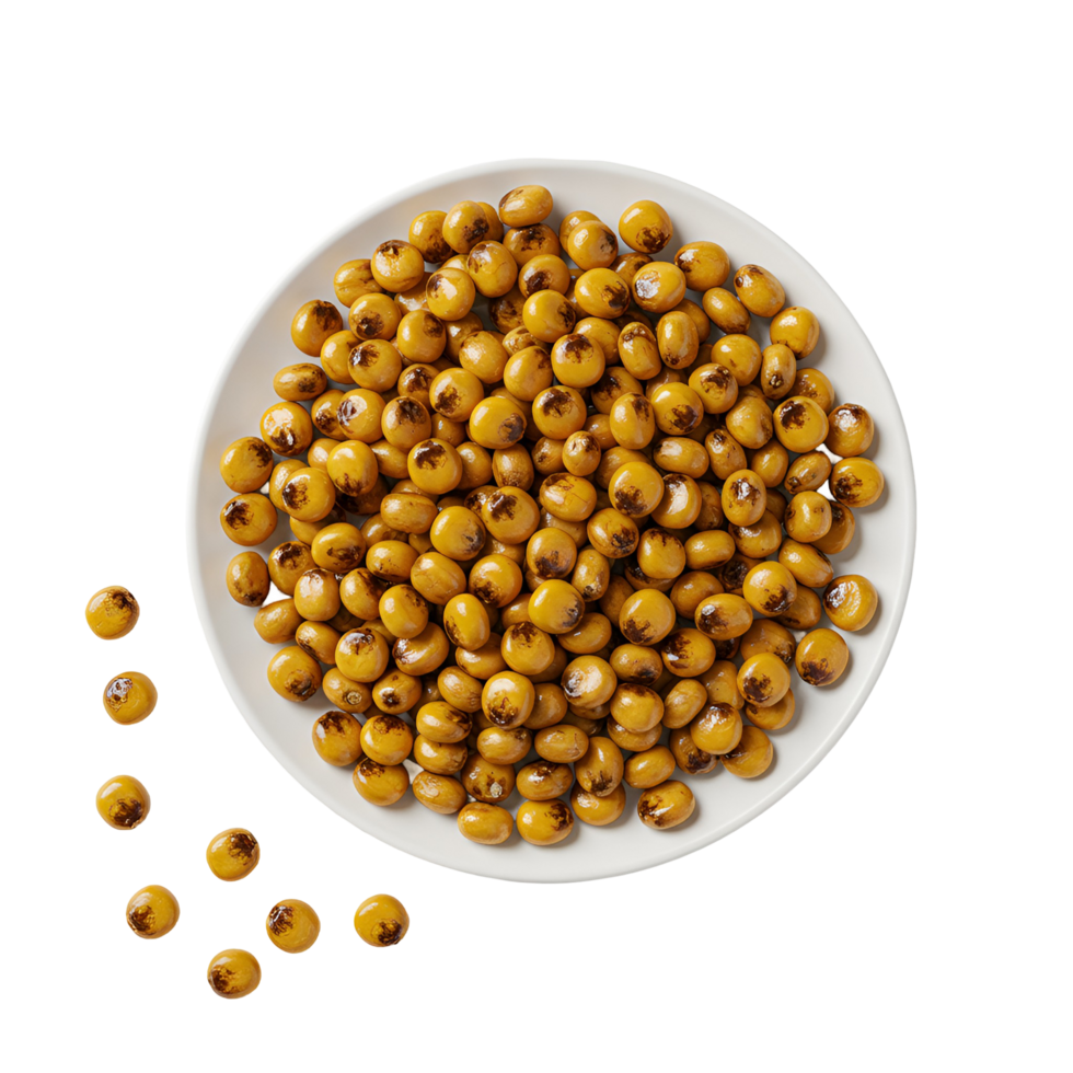 Aerial view of a white plate filled with golden yellow candy pieces and some scattered around it near plate transparent background png