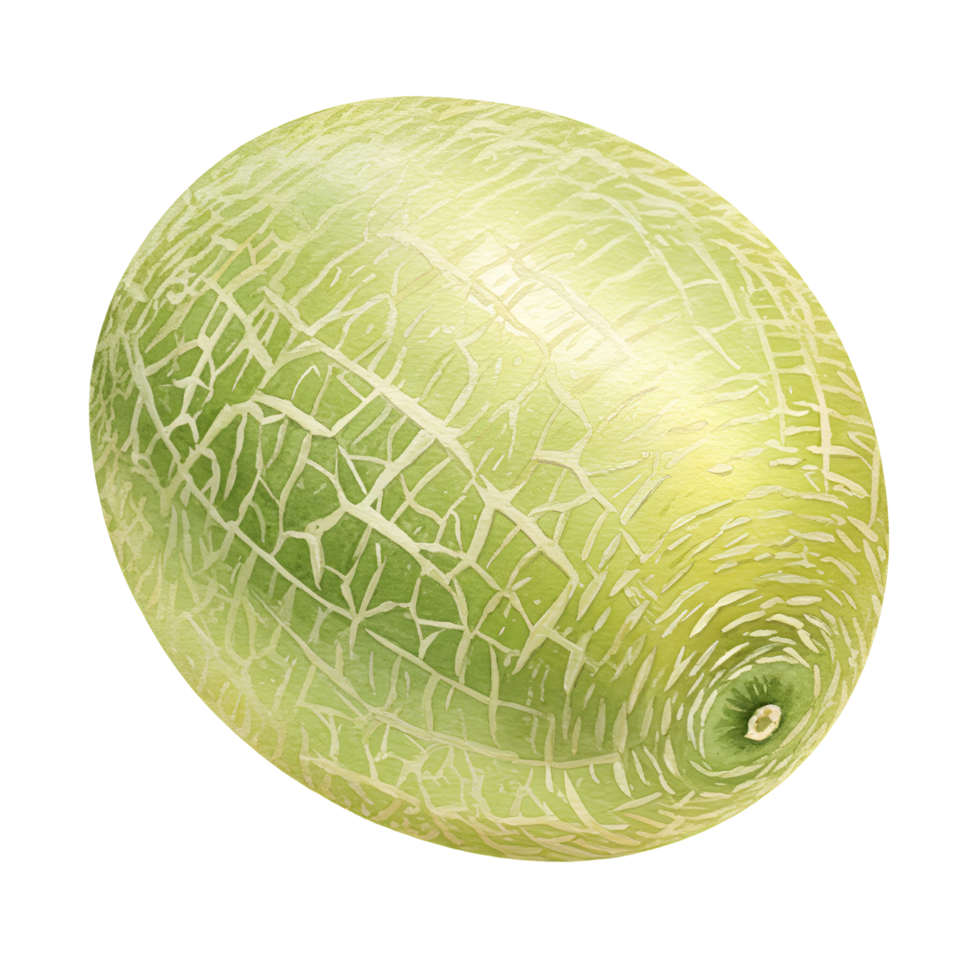 A single cantaloupe melon with a light green rind is isolated on a plain solid color background transparent background png