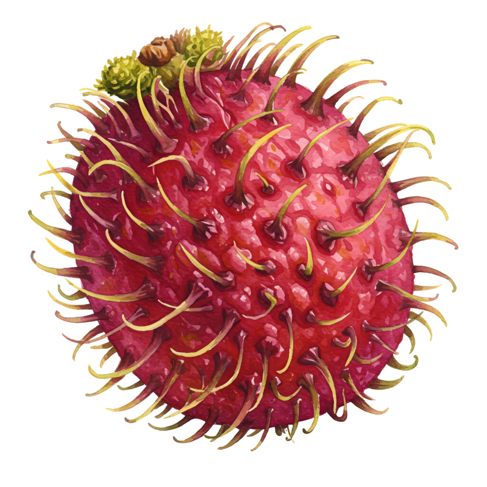 A close up of a rambutan fruit showing its vibrant red skin and numerous spiky projections all around it transparent background png