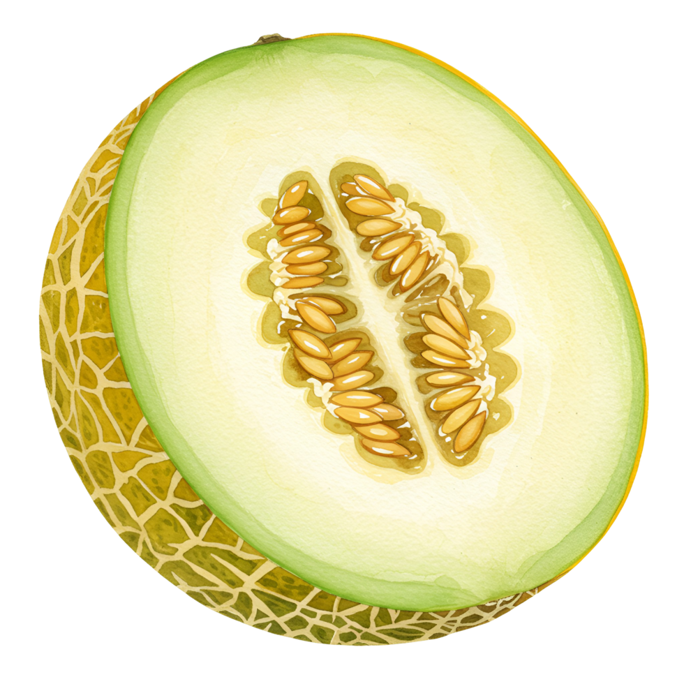A watercolor illustration of a halved cantaloupe with seeds against a plain color background transparent background png