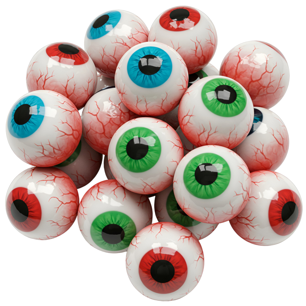 A pile of spooky eyeballs with red veins and colorful irises for halloween decorations and fun party favors transparent background png
