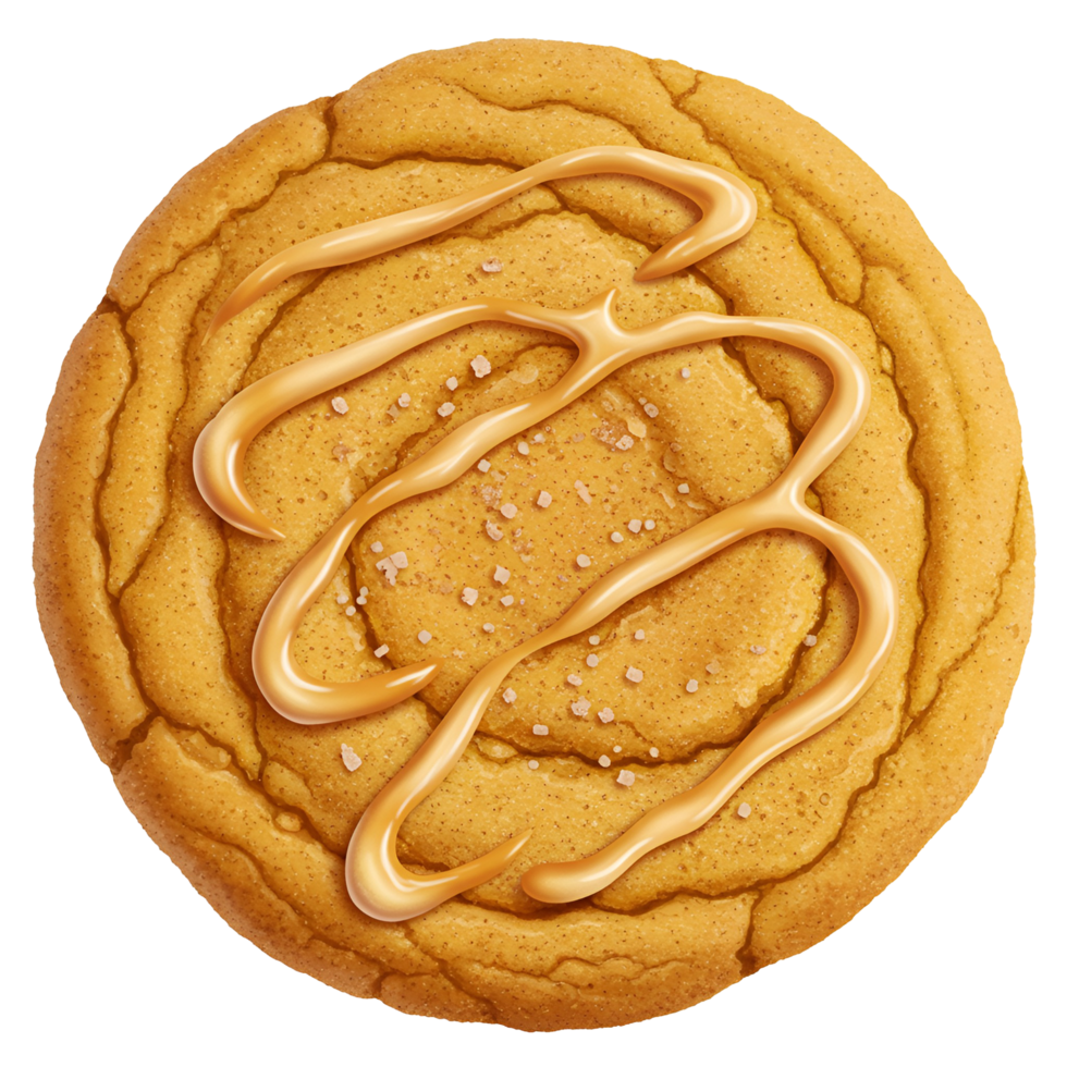 A single cookie with a caramel drizzle and salt sprinkles on a plain colored surface top view style transparent background png