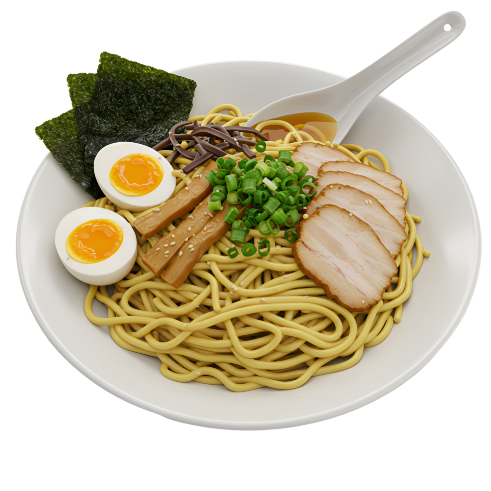 A close up view of a bowl of ramen with eggs, pork, seaweed, and green onions on a white plate transparent background png