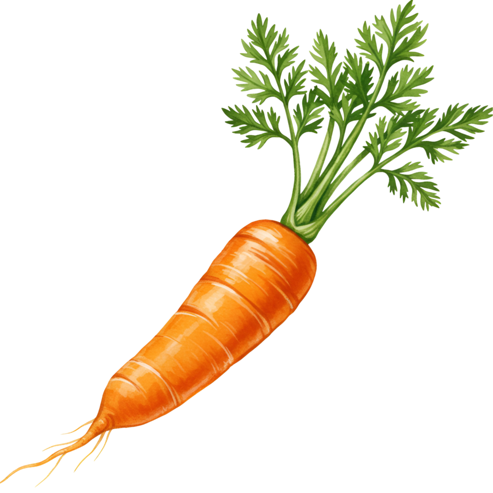 Isolated image showcasing a vibrant orange carrot with lush green leaves on a plain backdrop transparent background png