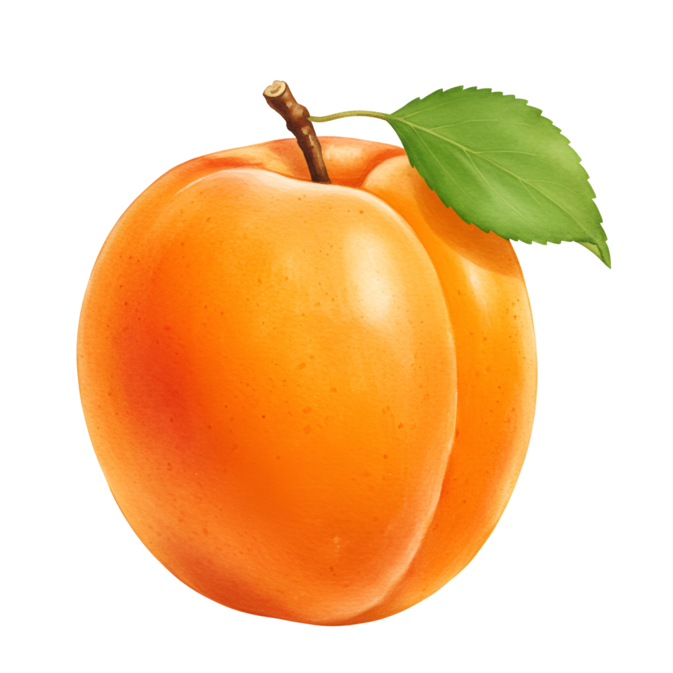 Isolated apricot with a stem and a green leaf on a plain setting, close up studio shot of the fruit transparent background png
