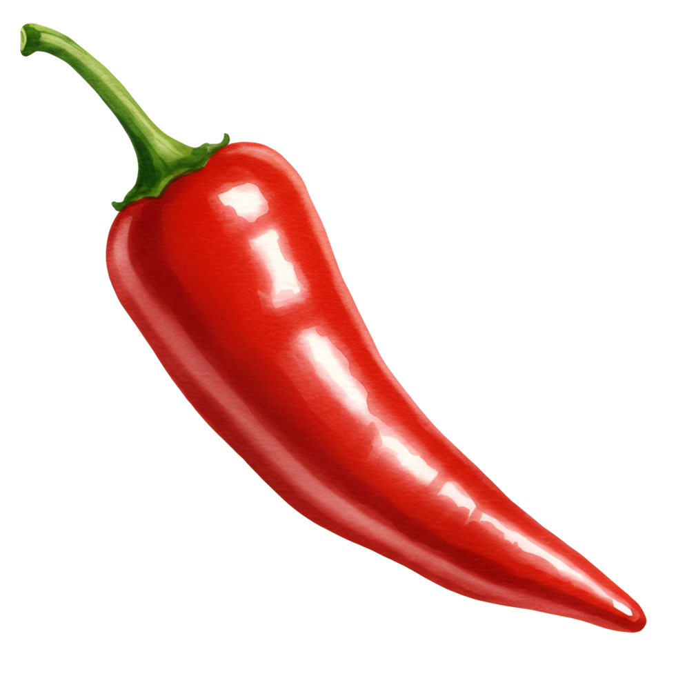 A single vibrant red chili pepper with a green stem isolated on a plain solid color space transparent background png