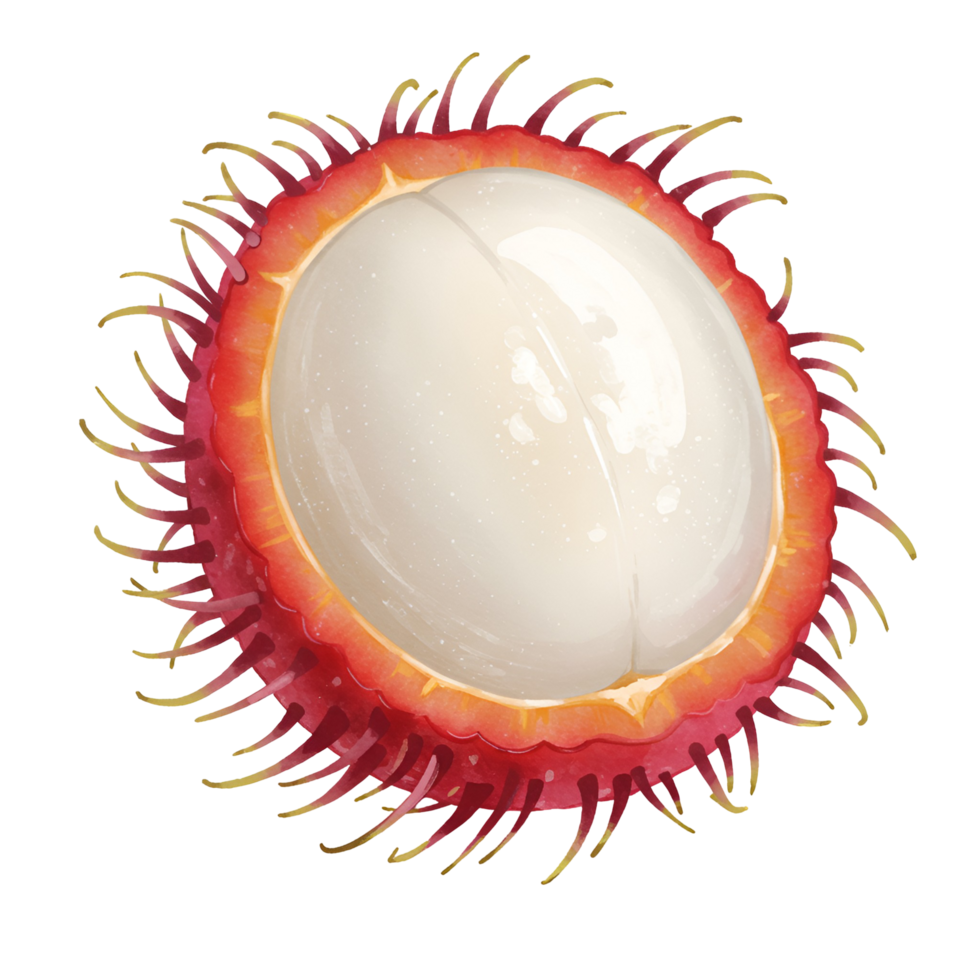 A single rambutan fruit cut open revealing the white flesh against a simple plain backdrop view transparent background png