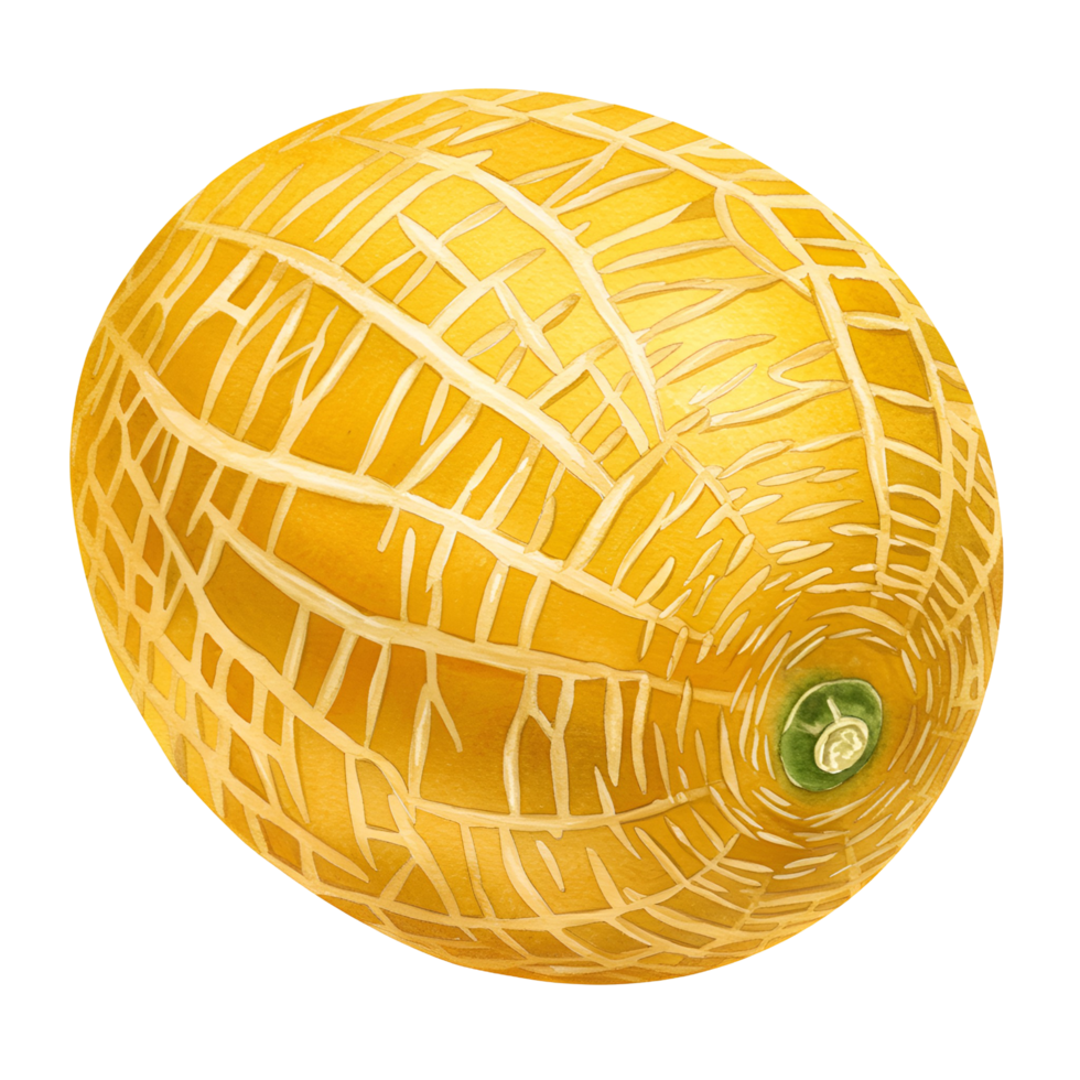 A single view of a cantaloupe with a yellow rind and light colored netting on a plain isolation transparent background png