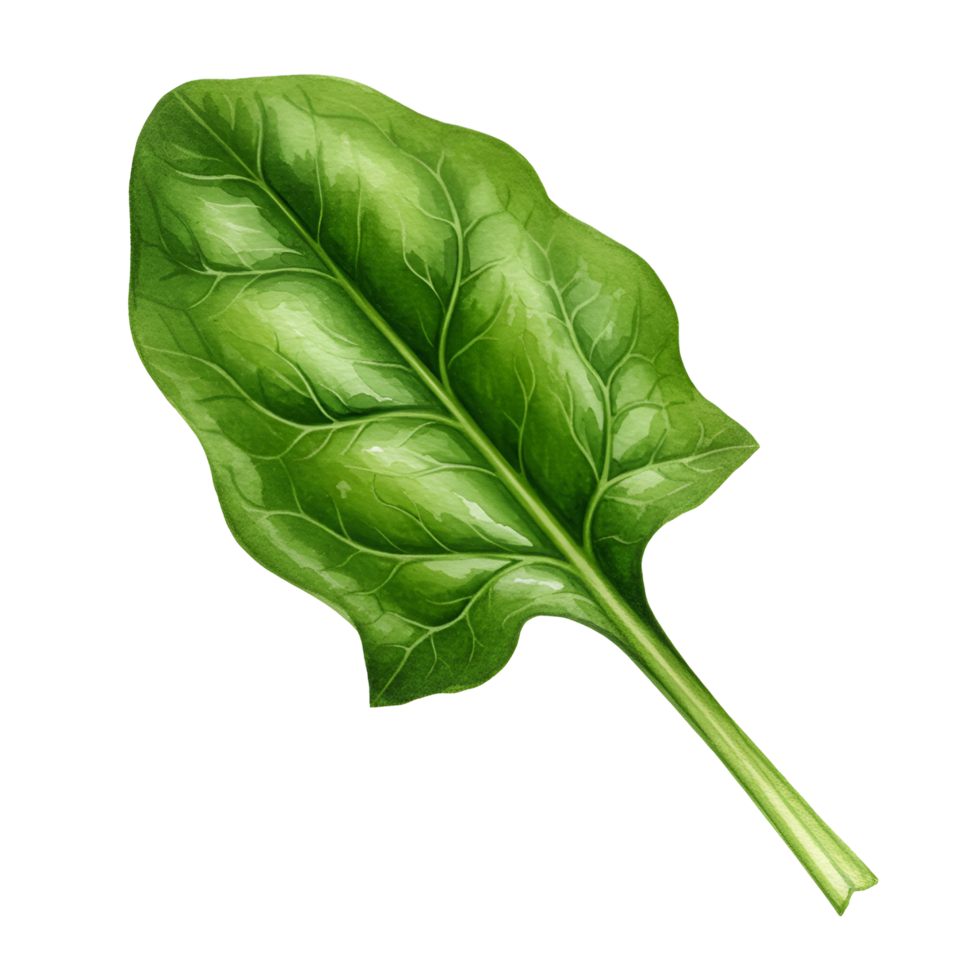 Isolated single spinach leaf with detailed veins and a stem on a plain transparent area transparent background png