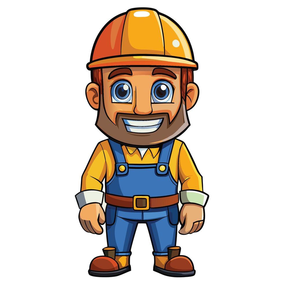 cartoon construction worker with a beard and hat white background vector