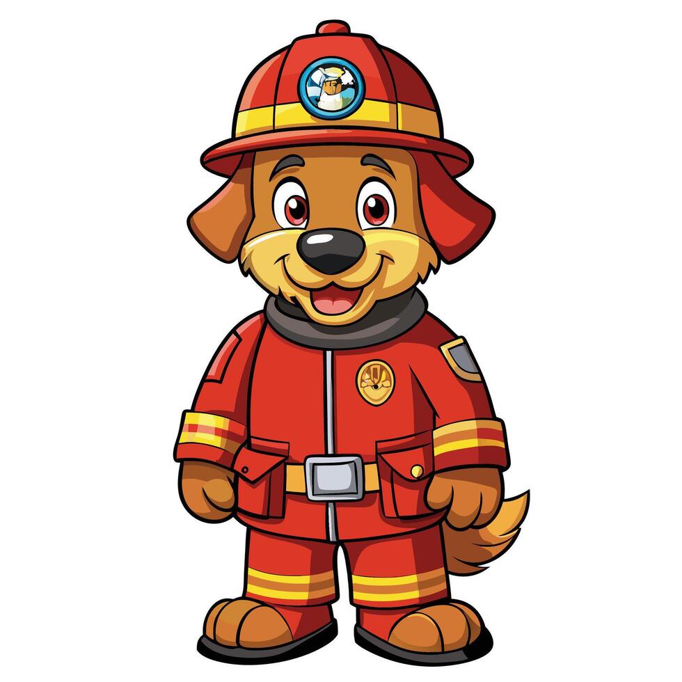 Cartoon dog firefighter in red uniform vector