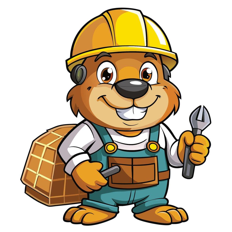 Cartoon beaver wearing a hard hat and overalls, holding a wrench and carrying a waffle vector