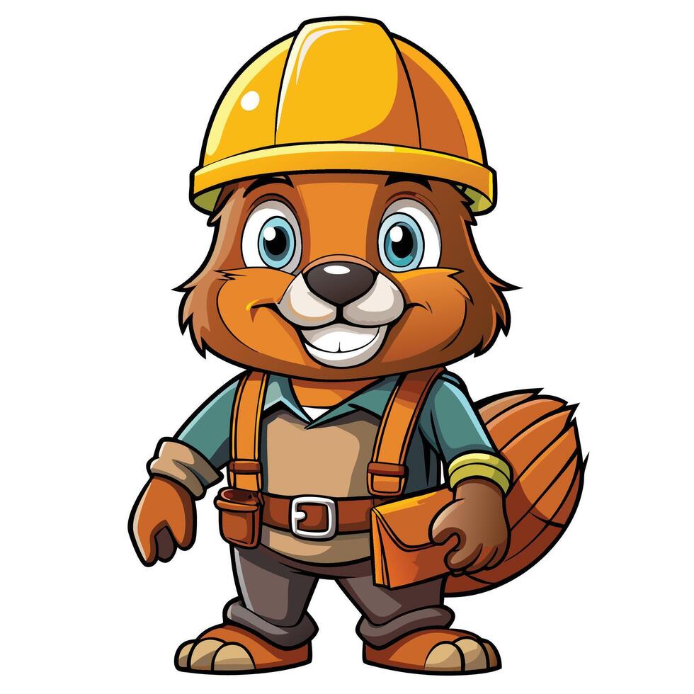 Cartoon beaver wearing a hard hat and work clothes vector