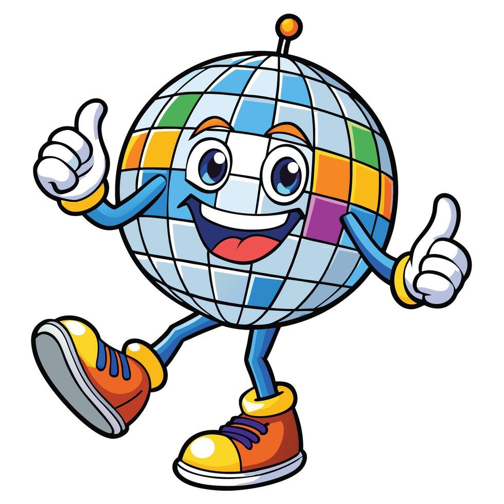 Cartoon disco ball character with thumbs up, dancing vector