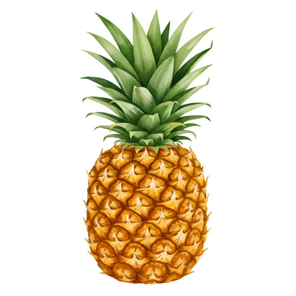 Isolated pineapple with green leaves standing upright on a plain colored simple background art style image transparent background png