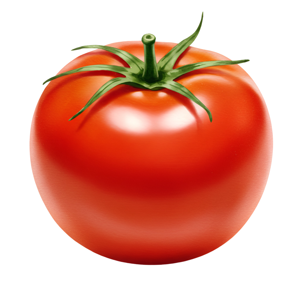 A single vibrant tomato with a green stem isolated against a plain background showing its texture transparent background png