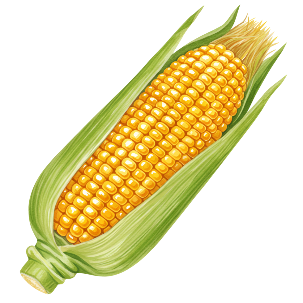 Isolated illustration of a ripe ear of corn with green husks on a plain color illuminated space transparent background png