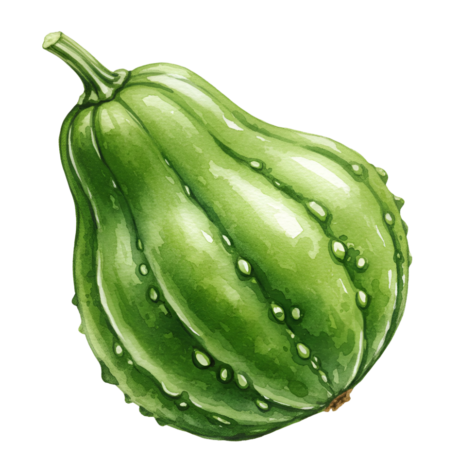 Watercolor painting of a chayote squash with a stem on a plain surrounding color field art transparent background png