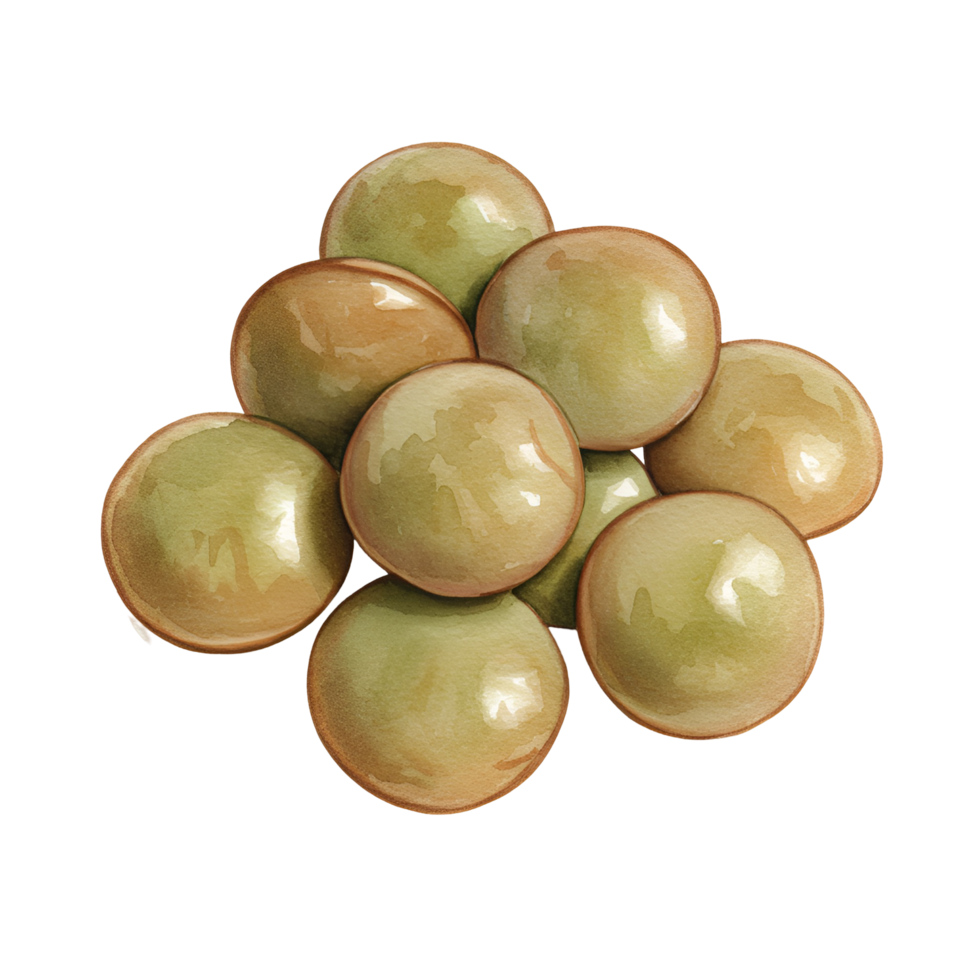 A pile of light green and tan colored candy spheres stacked together on a plain surface view from above transparent background png