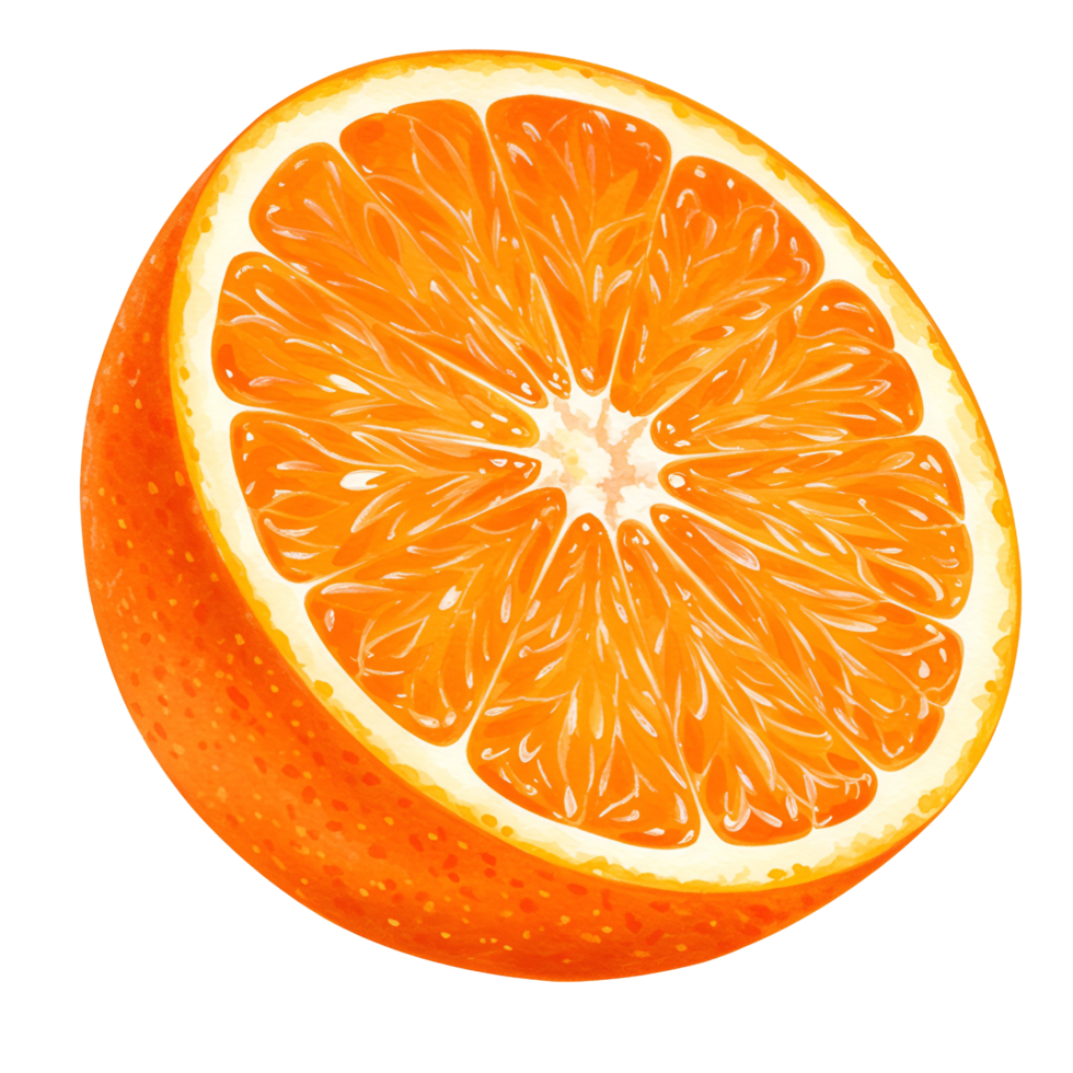 A vibrant half orange fruit with visible segments and textured peel on a plain surrounding area transparent background png