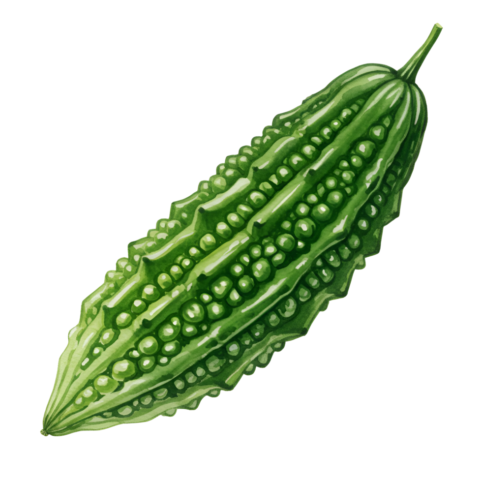 A single green bitter melon vegetable with textured skin is displayed on a plain setting alone transparent background png