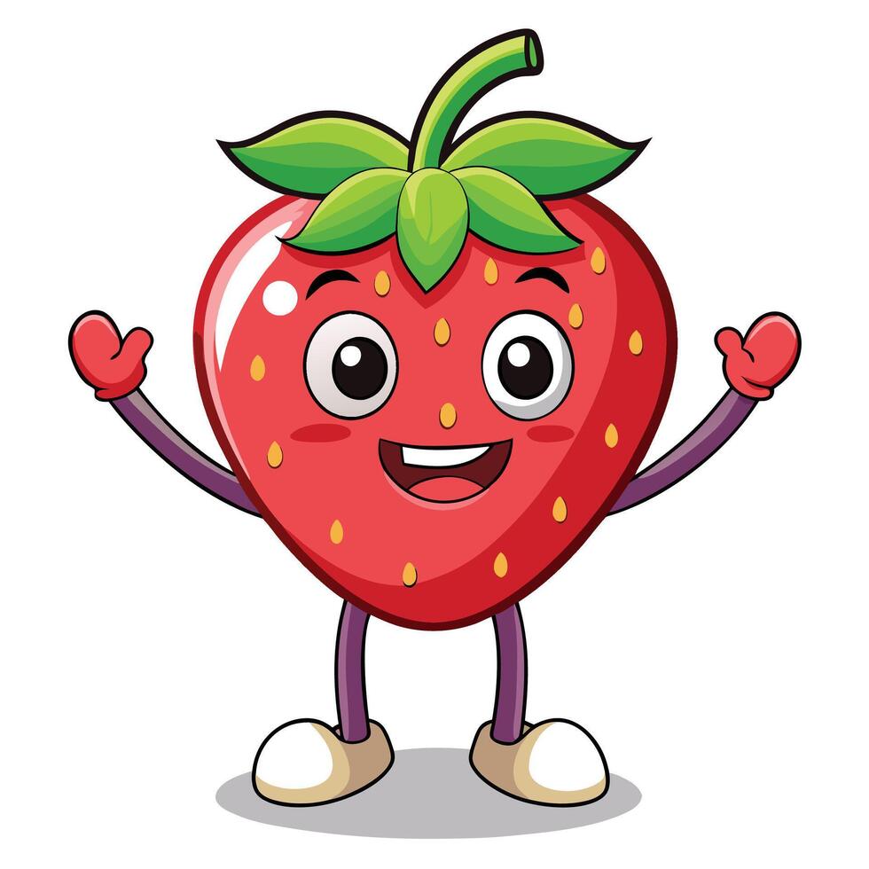 Cheerful cartoon strawberry with expressive eyes and a joyful smile, raising its hands in a welcoming gesture vector
