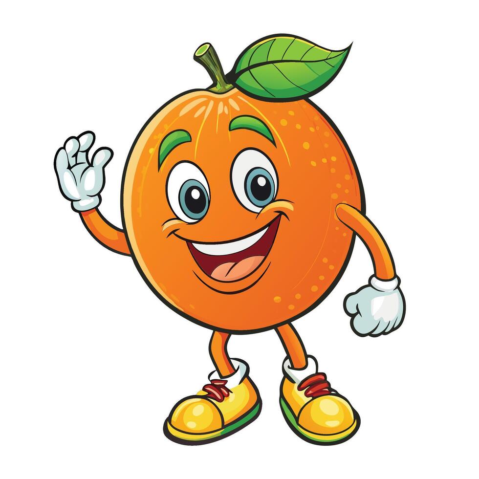 Cheerful orange fruit cartoon character waving vector