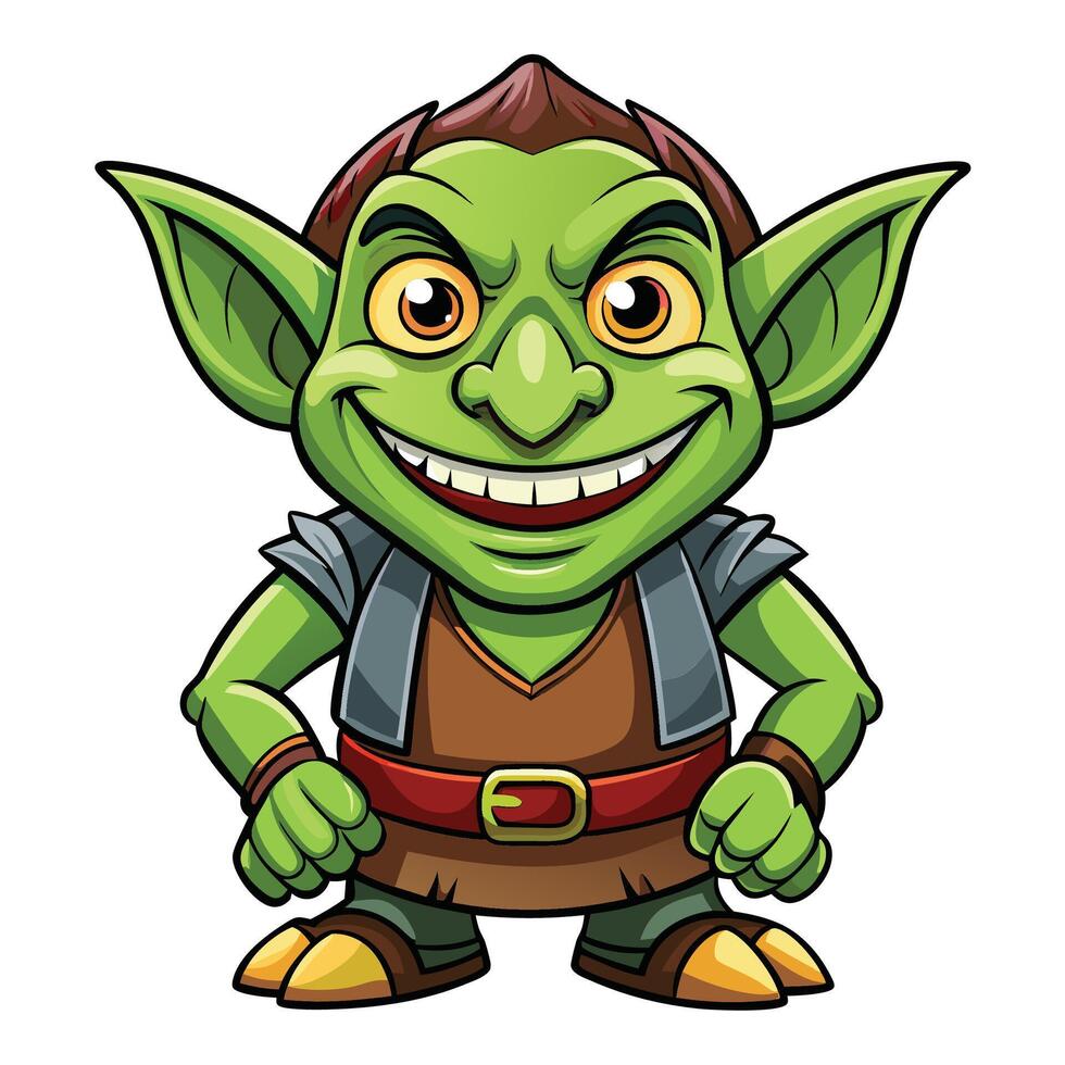 Cartoon green goblin character with large ears, mischievous grin, and armor vector