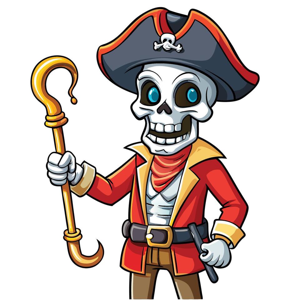Cartoon skeleton pirate holding a golden hook vector