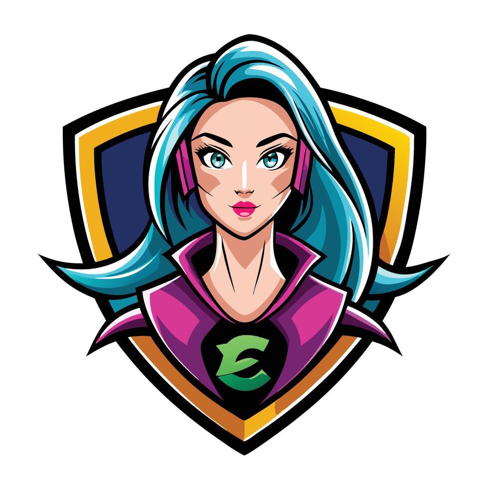 Colorful female character with headphones and shield design vector