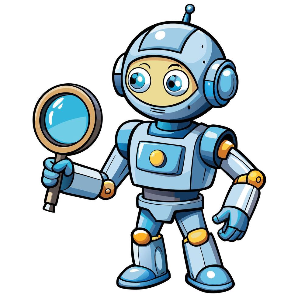 Cute blue robot with magnifying glass vector