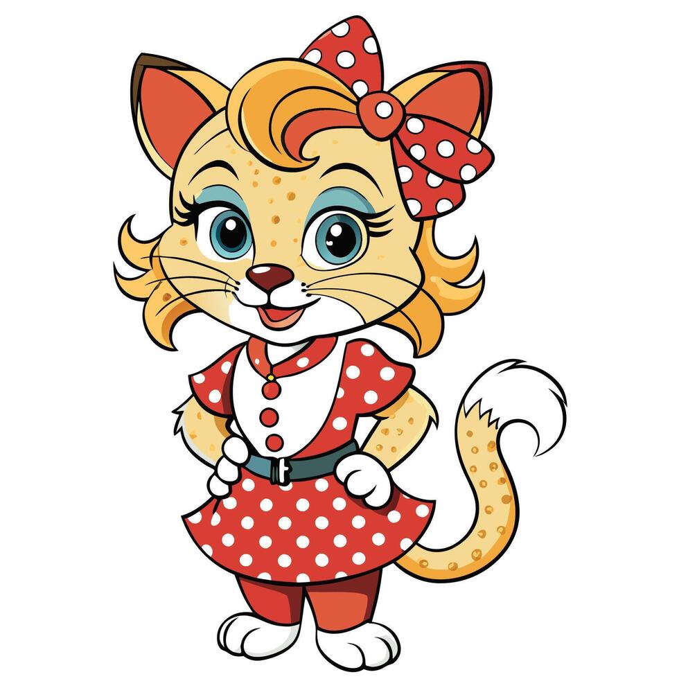Cute cat character in a polka-dotted dress vector