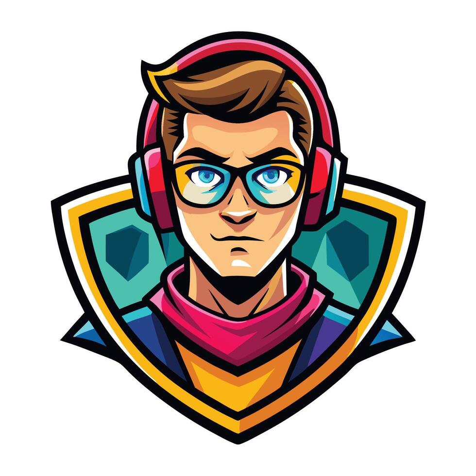 Colorful gamer avatar with headphones and glasses white background vector
