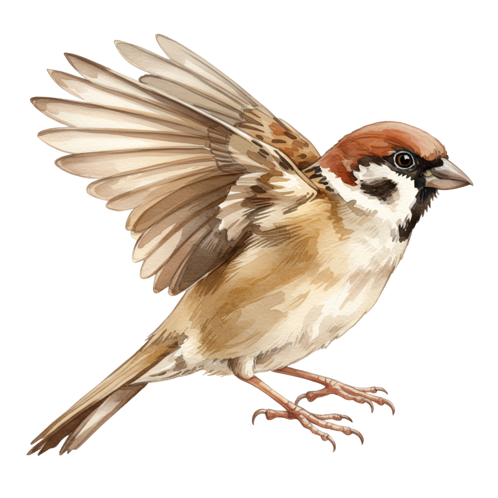 Watercolor illustration of a sparrow with its wings spread on a transparent background image transparent background png