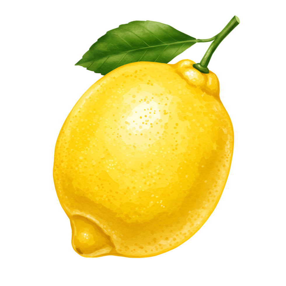 Illustration of a single lemon with a green leaf and stem against a plain isolated area transparent background png
