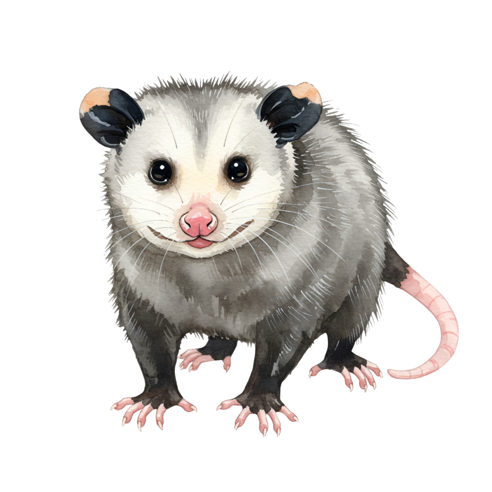 Illustration of a virginia opossum with a pink nose and tail on a plain background transparent background png