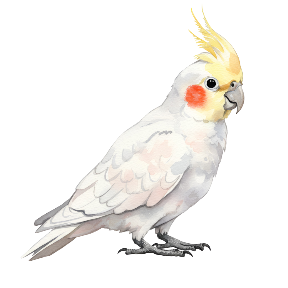 Watercolor painting of a cockatiel with yellow crest and red cheek patch on a plain background transparent background png