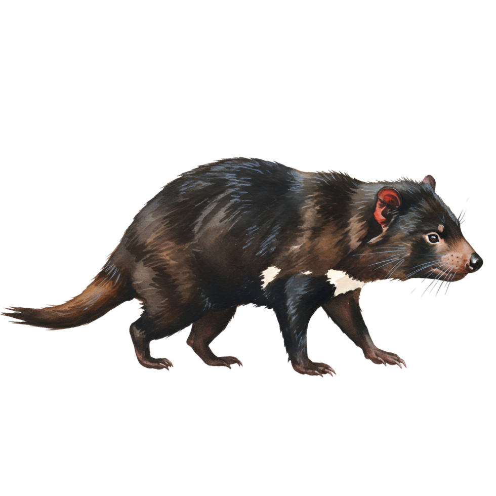 A tasmanian devil with mottled fur and white markings walks across a plain surface in profile view transparent background png