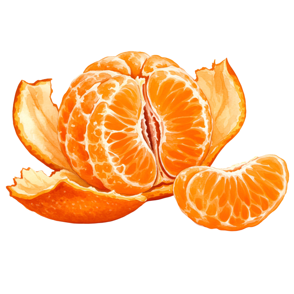 A peeled tangerine with segments visible and one segment separated on a transparent surface transparent background png