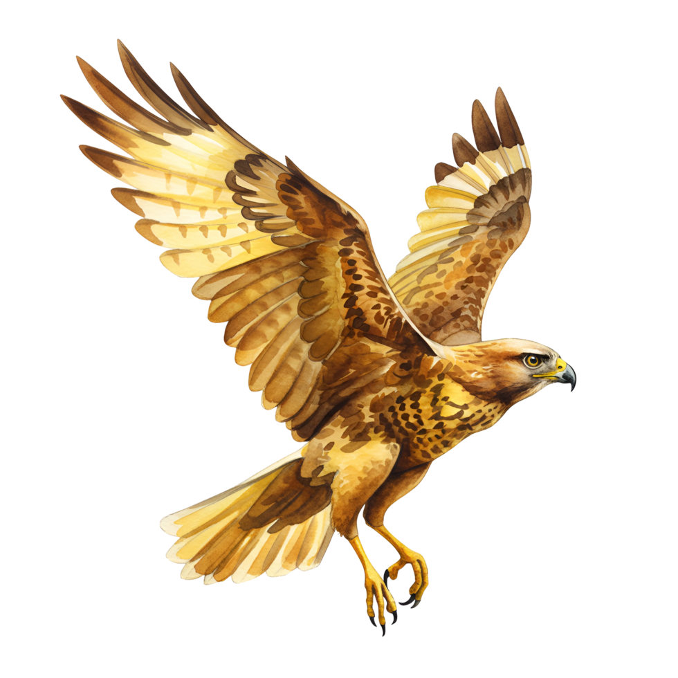 Illustration of a golden eagle with wings spread against a plain background in watercolor style transparent background png