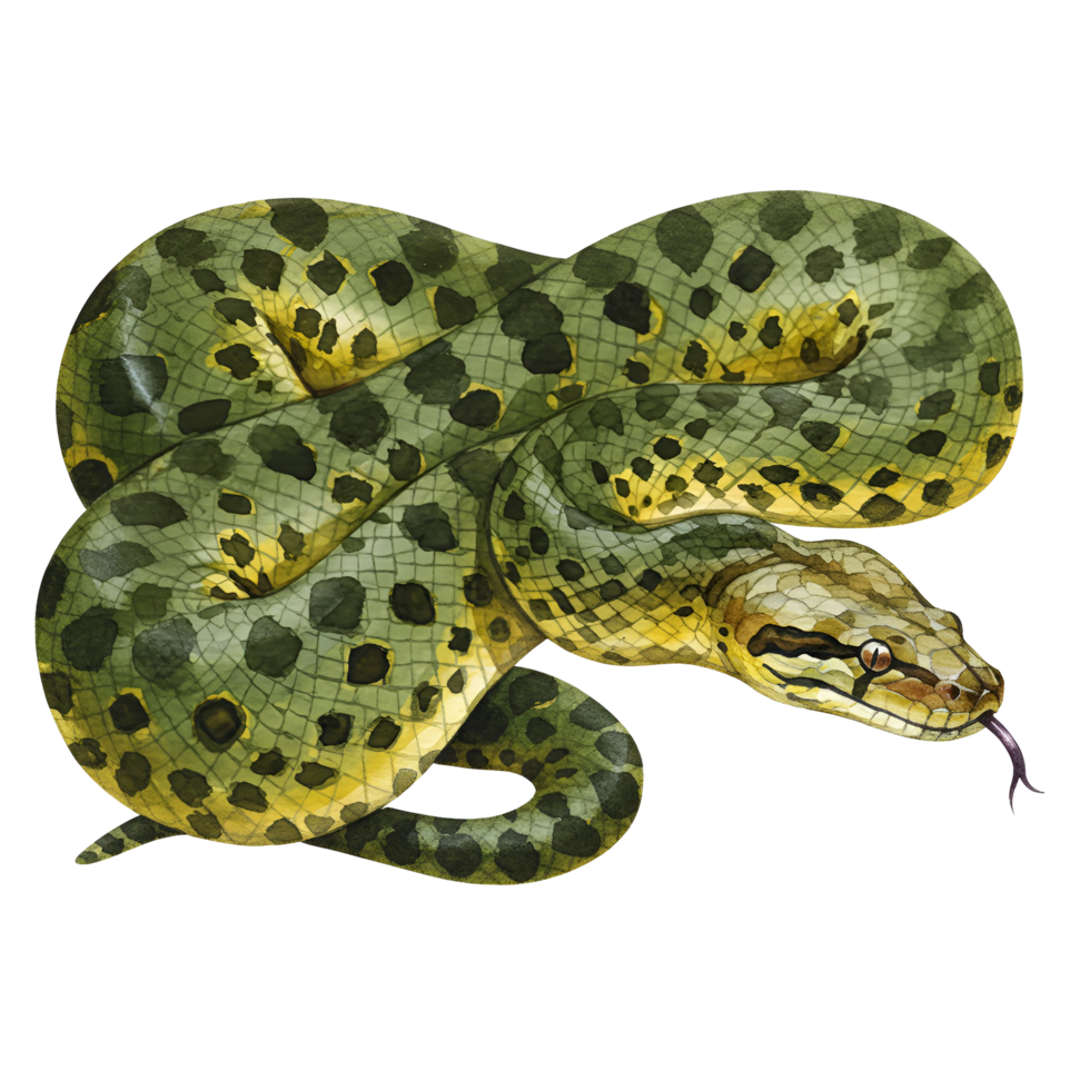 Illustration of a coiled green anaconda with spots and tongue protruding on a plain background transparent background png