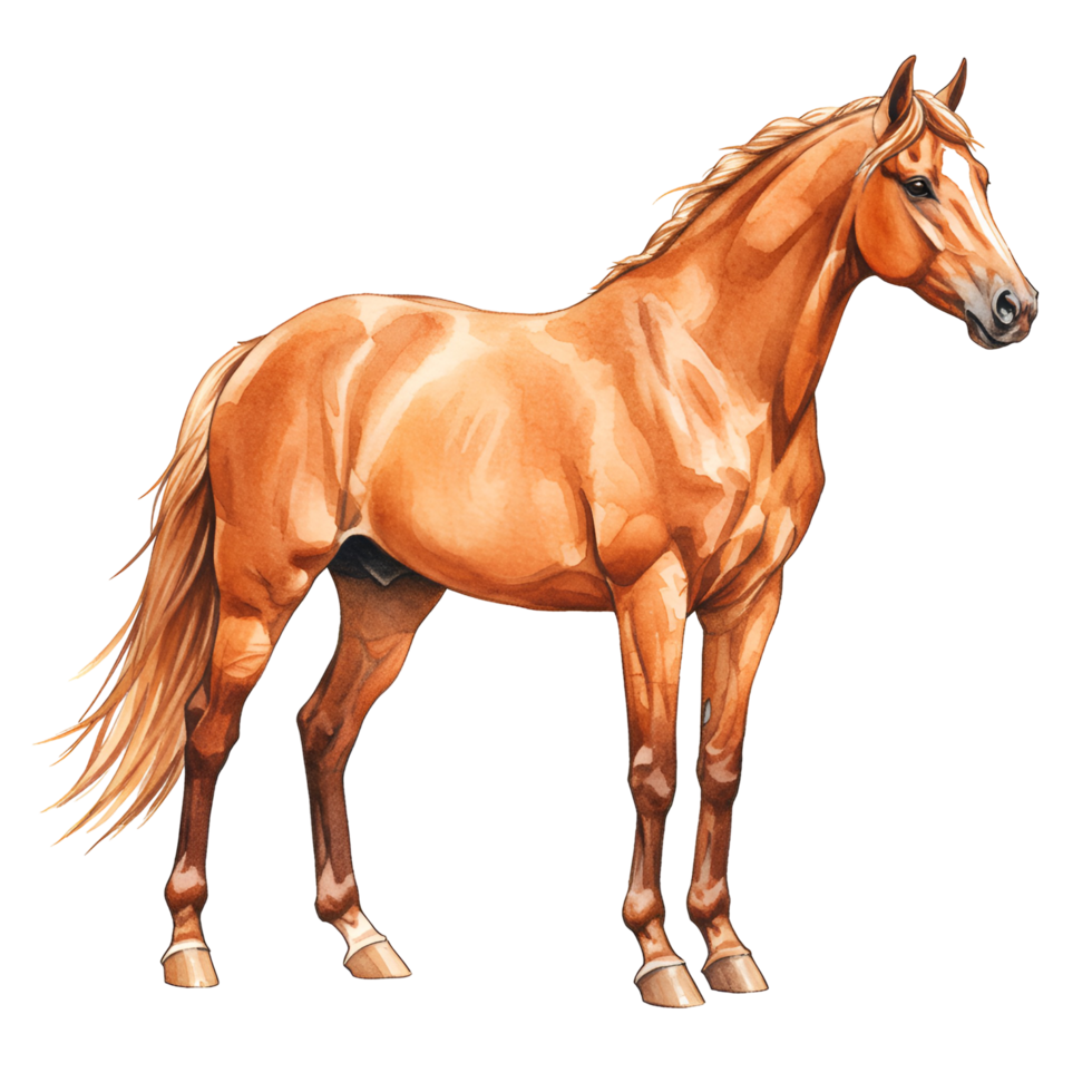 Illustration of a light brown horse standing with a flowing mane and tail on a plain backdrop transparent background png