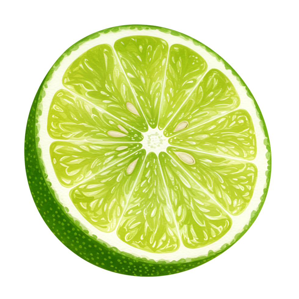 A vibrant green lime slice with visible segments and textured rind on a plain surrounding area transparent background png