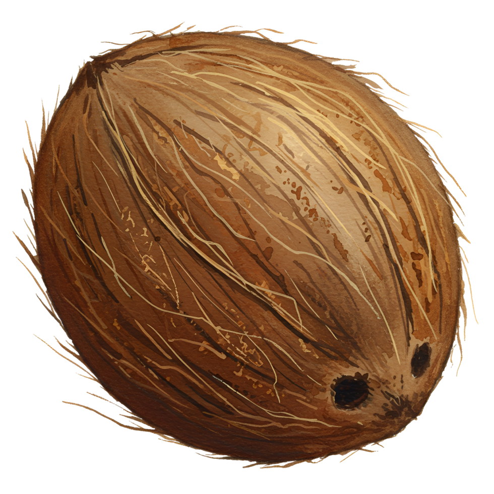 A single coconut with a fibrous husk and three visible eyes on an isolated plain presentation transparent background png