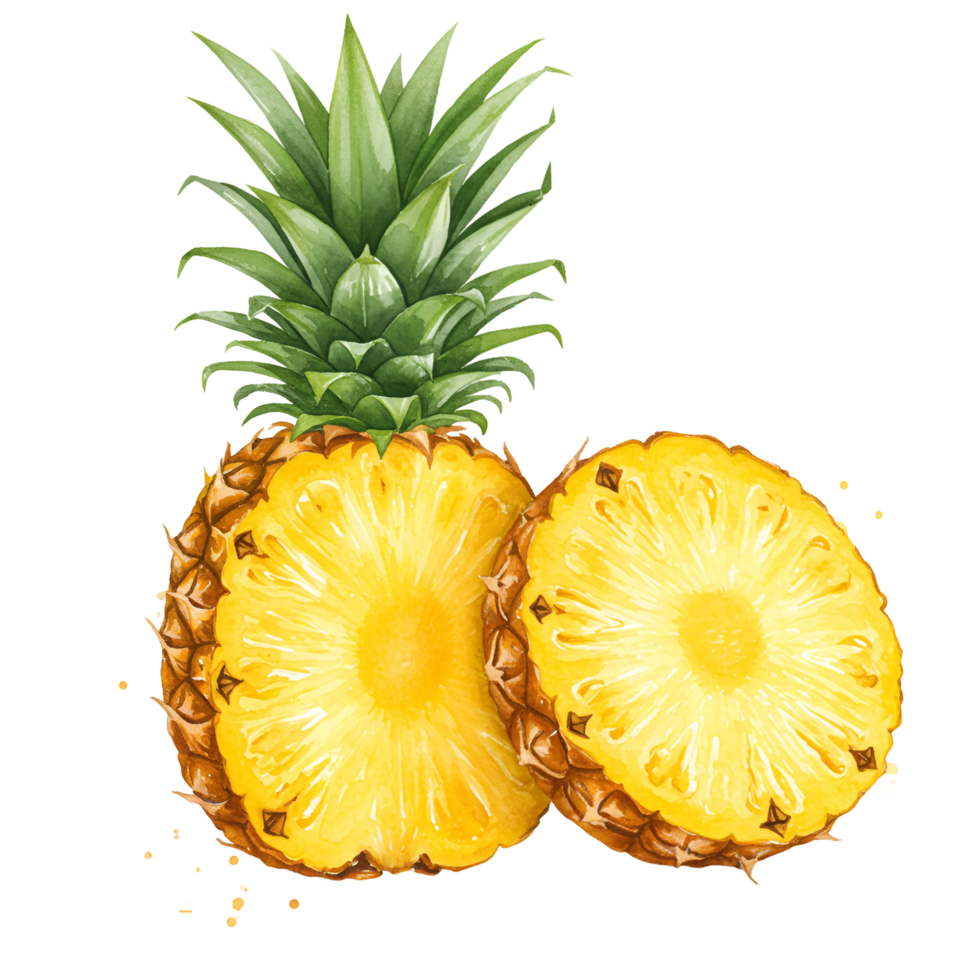 A vibrant pineapple with a leafy top and two slices against a plain presentation style image style transparent background png